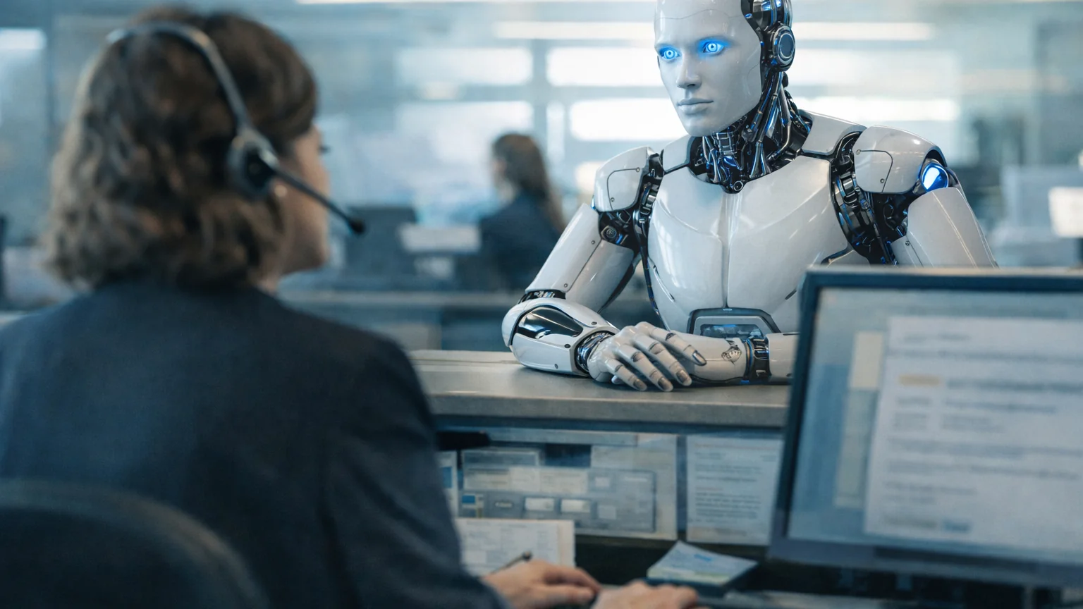 A cinematic workplace scene about AI, human judgement and the quiet strain at the edge of automation.