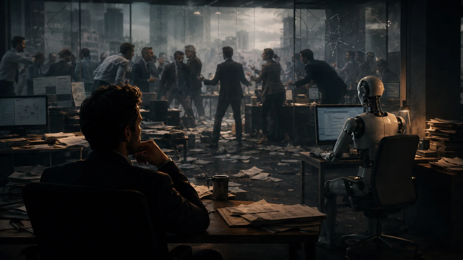 A dim corporate office where leaders argue behind glass while a humanoid robot sits calmly at a workstation, exposing the disorder around it.