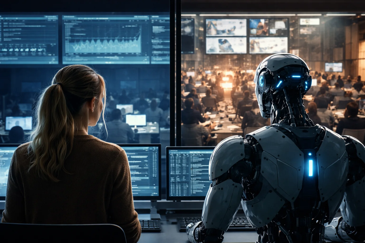 A cinematic workplace scene where human judgement and AI-assisted speed meet around a glowing operational table.