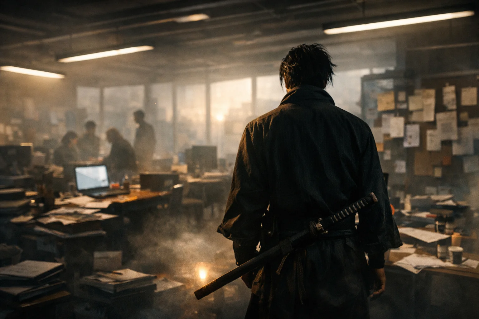 A boundary-crossing workplace thinker moving between teams, signals and systems in a warm cinematic environment.