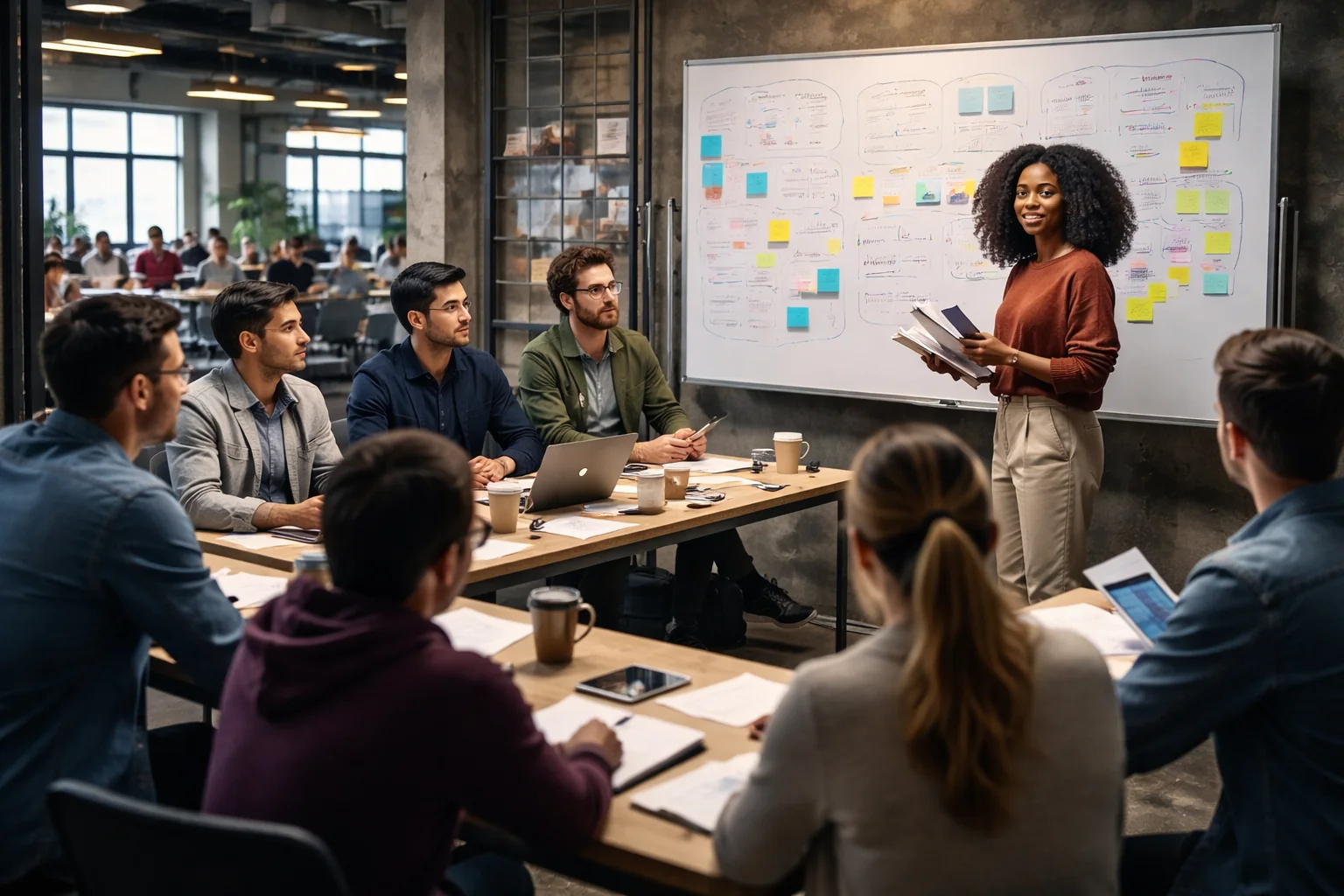 A diverse group of capable professionals gathered around a table, challenging old hiring filters with practical skill.