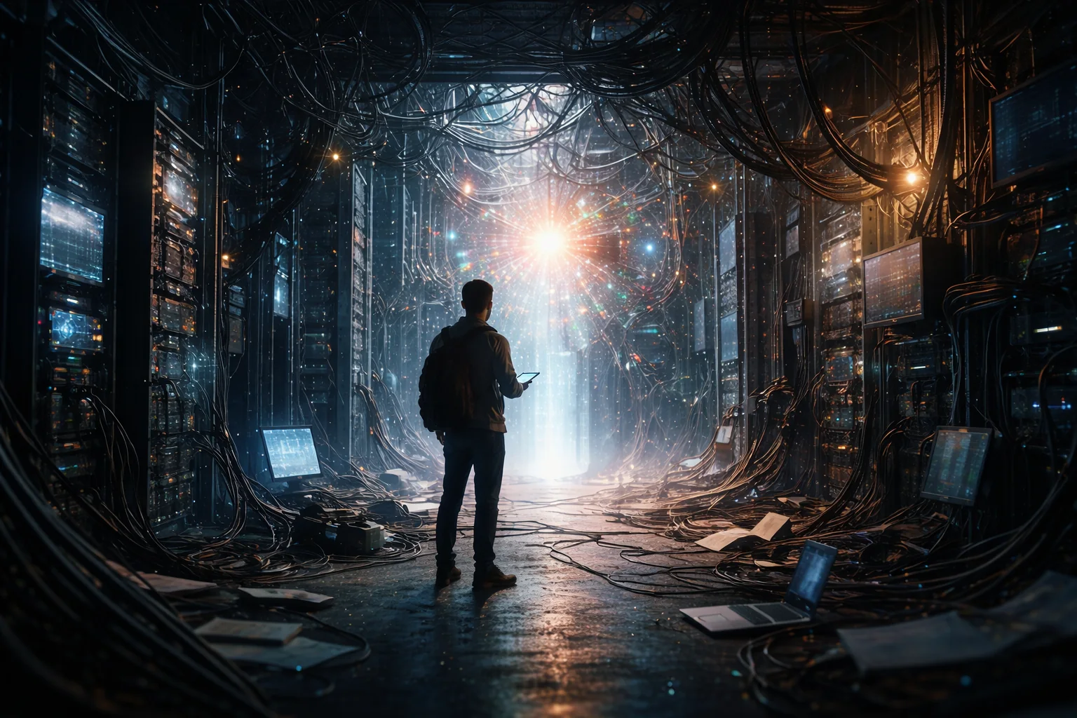 A cinematic operations scene where unusual exceptions and weak signals appear at the edge of the main system.
