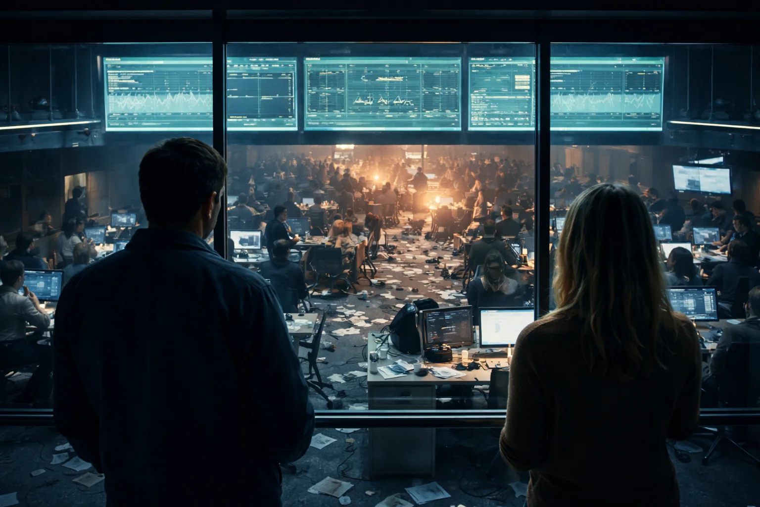 A busy operations floor seen from above, with dashboards glowing over teams working through complex signals.