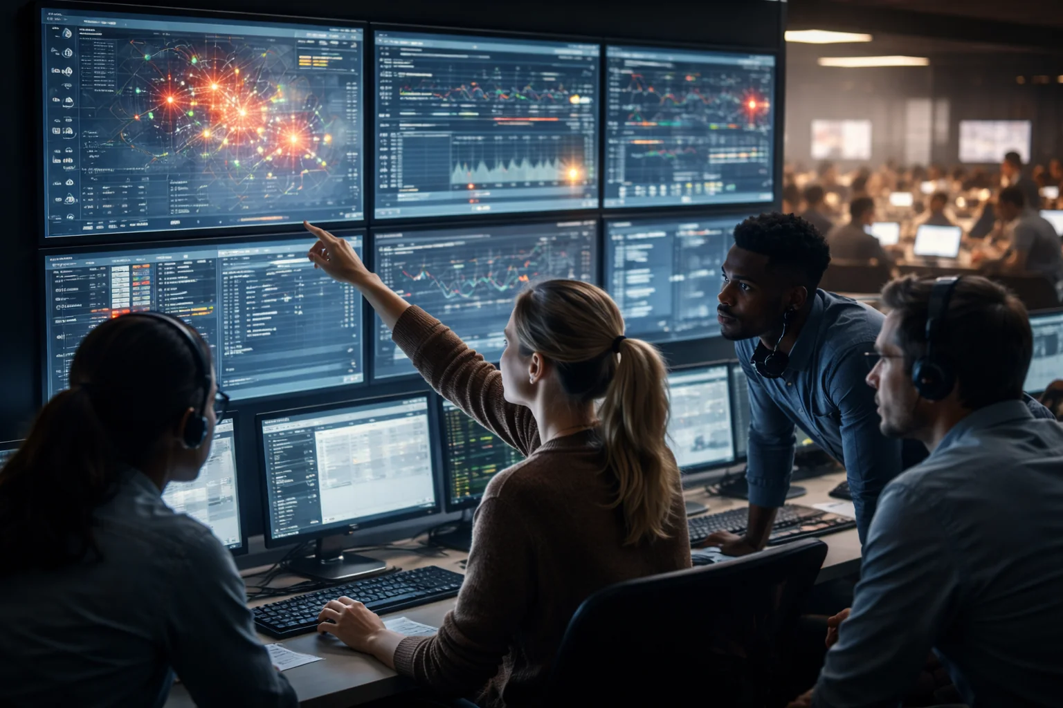 A diverse frontline team reading live signals and customer patterns across a warm, high-tech workspace.