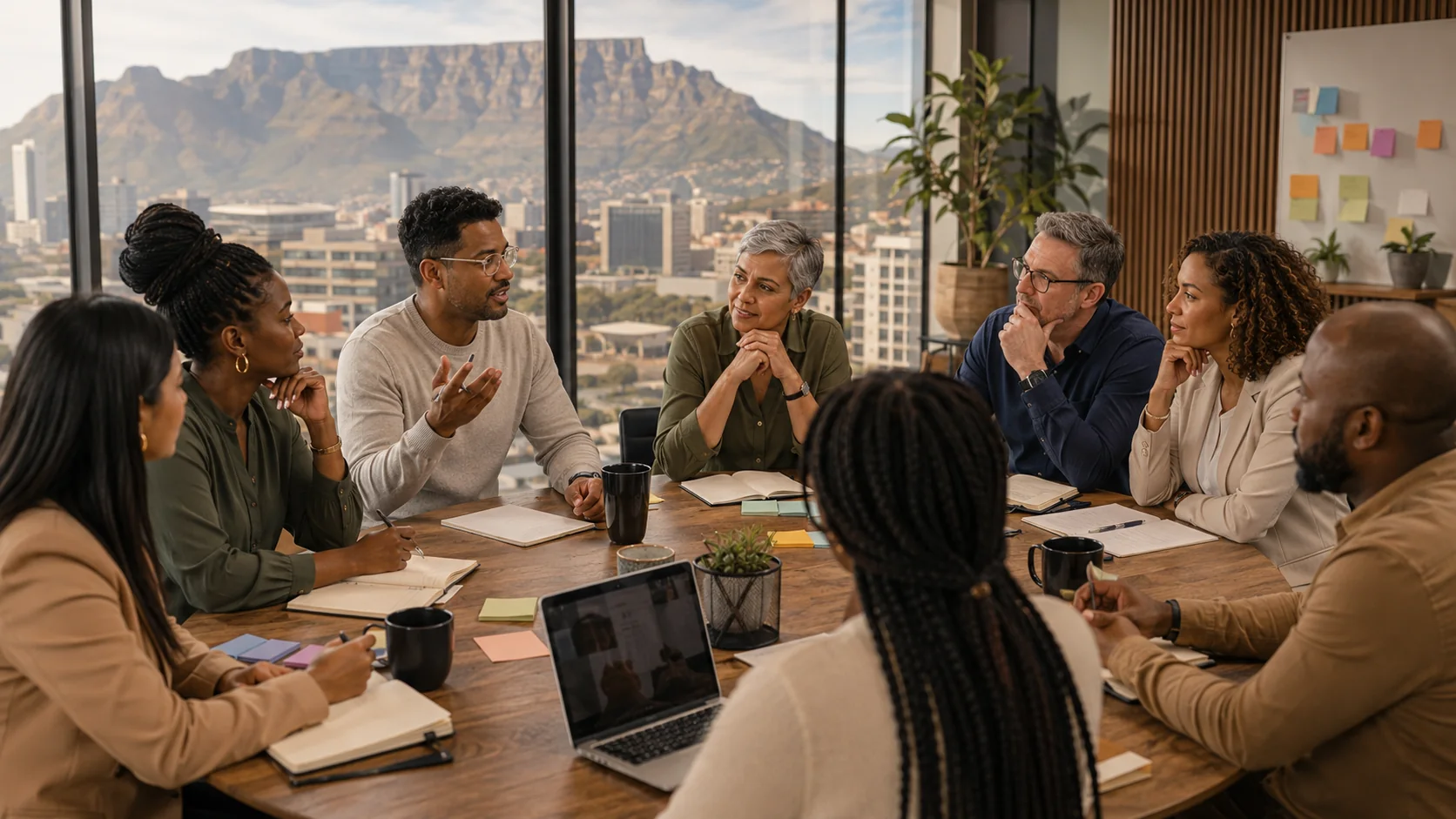 Diverse South African team in a boardroom with Table Mountain in the background, listening carefully during a respectful disagreement.