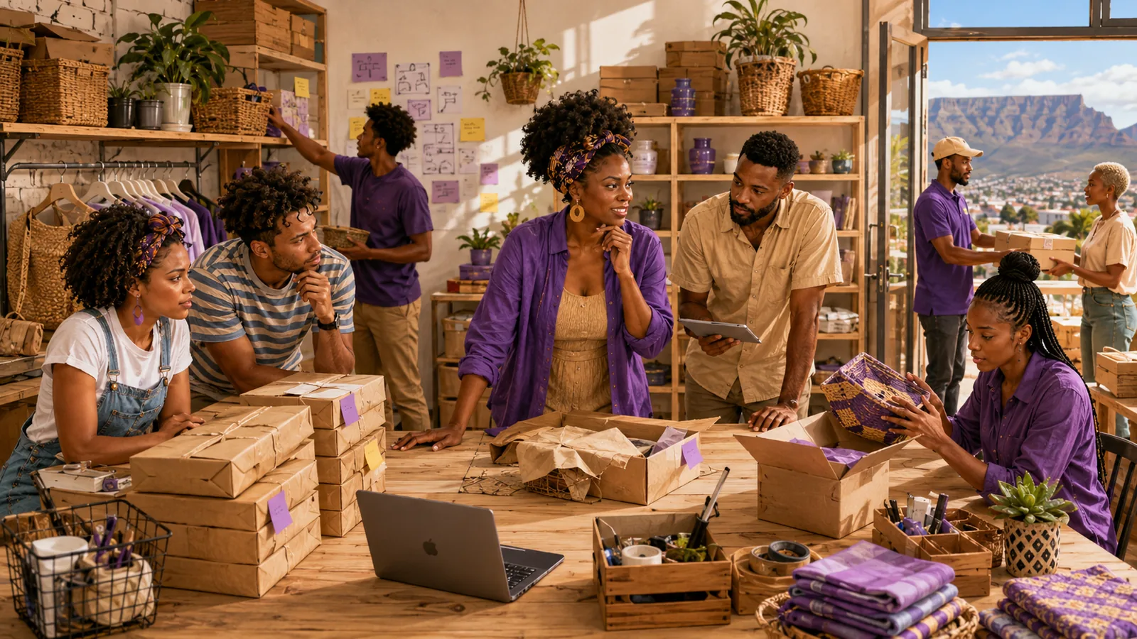 South African small business team inspecting packaging and bubble wrap around a packing table before choosing a digital solution.