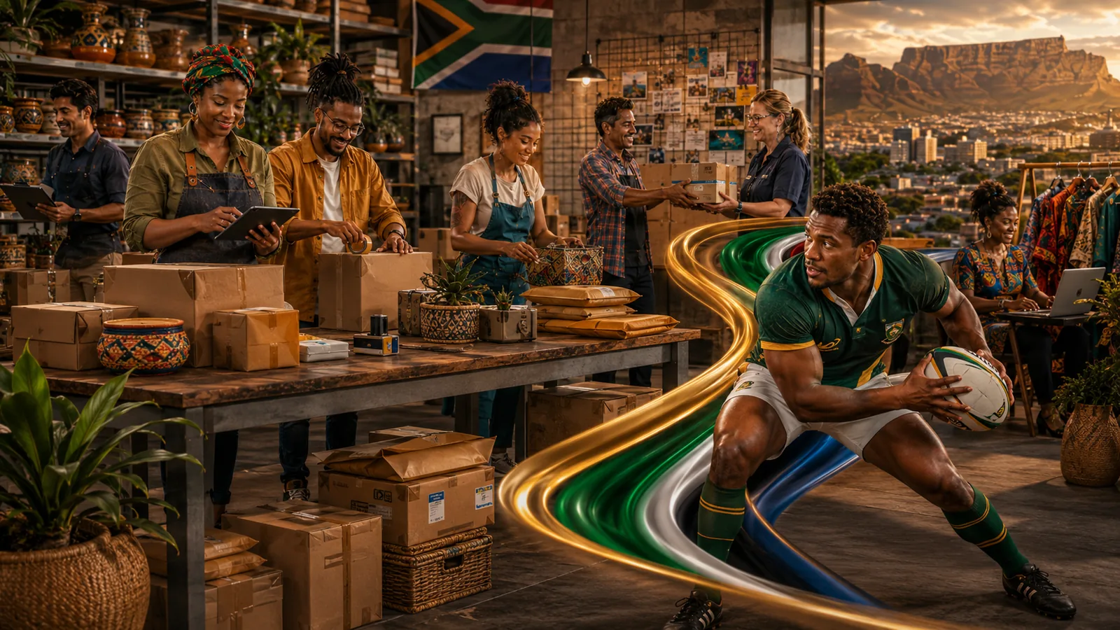 South African sellers and makers working together while a rugby player carries the ball, symbolising customer obsession, teamwork and guarding the promise.