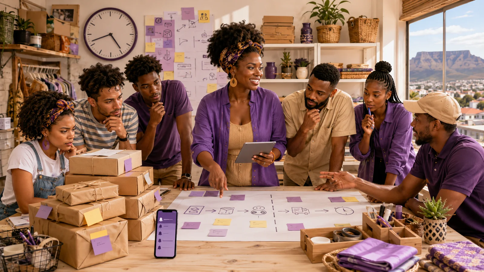 South African small business team mapping a clearer operating process in a warm packing workspace with Table Mountain visible in the background.