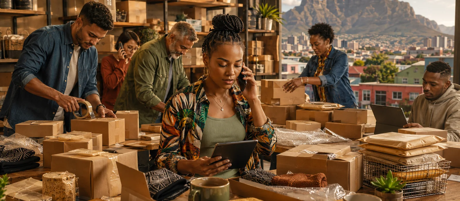 South African small business team packing orders under growth pressure with Table Mountain visible in the background.