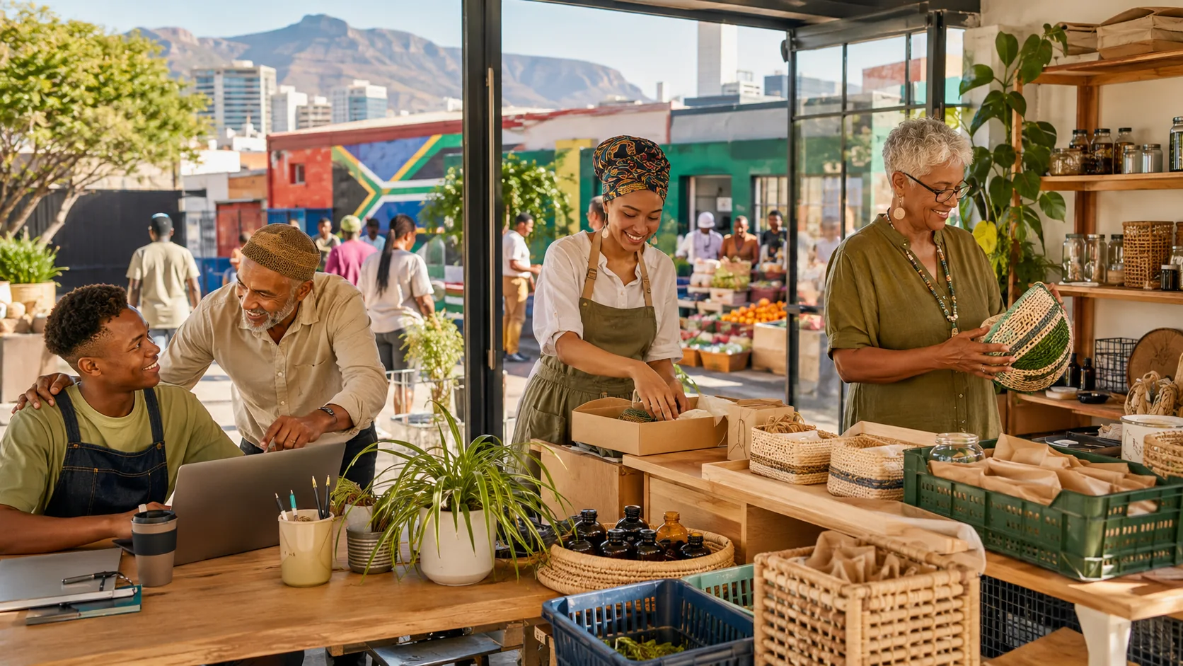 South African small business team packing local products in a bright market-facing shop with Table Mountain and a South African mural outside.