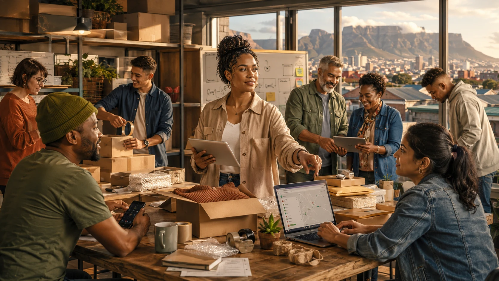 South African seller examining a customer journey map while issues in dispatch, delivery, communication and returns appear around her.