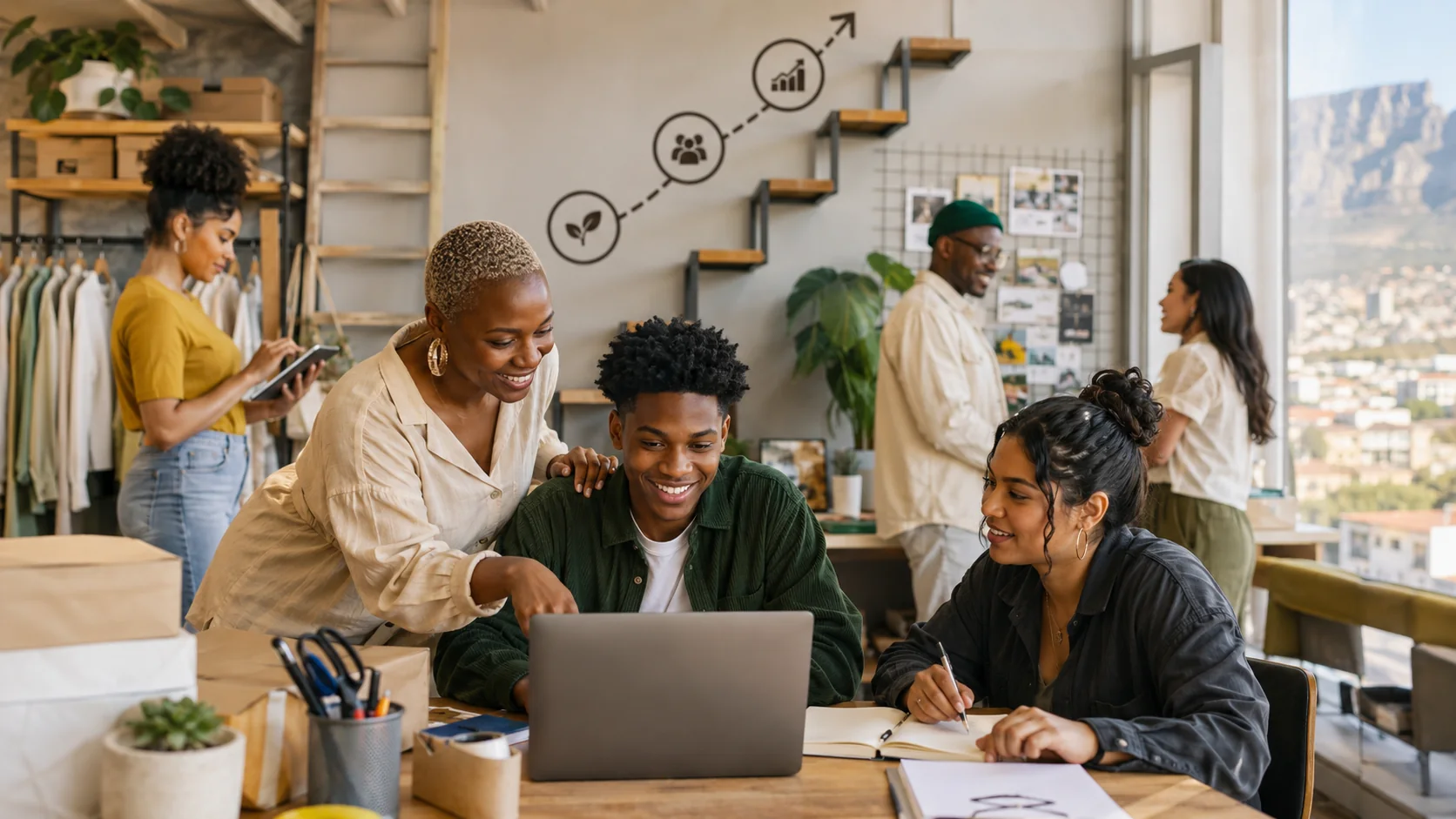 South African small business team helping a young employee on a laptop in a creative workspace with a growth path drawn on the wall.