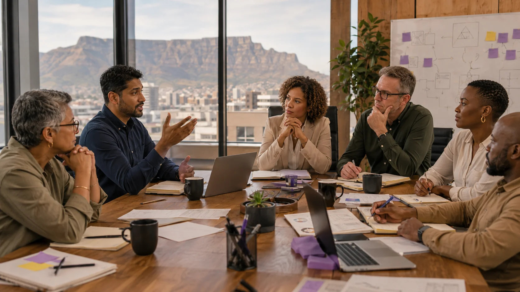 Diverse South African business team discussing a decision around a boardroom table with Table Mountain visible through the windows.