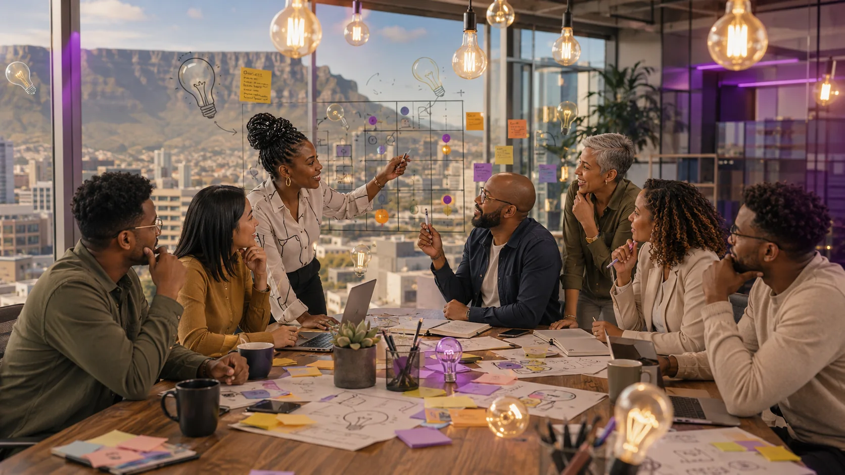 South African team brainstorming around a table with lightbulbs, sticky notes and sketches, discussing which idea deserves to be tested.