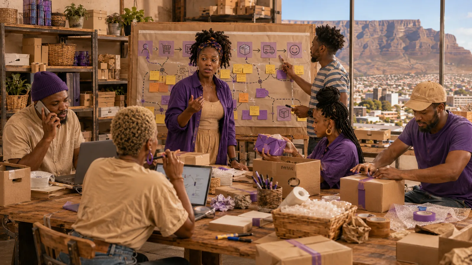 South African small business team reviewing a process map and recurring workarounds in a Cape Town packing workspace.