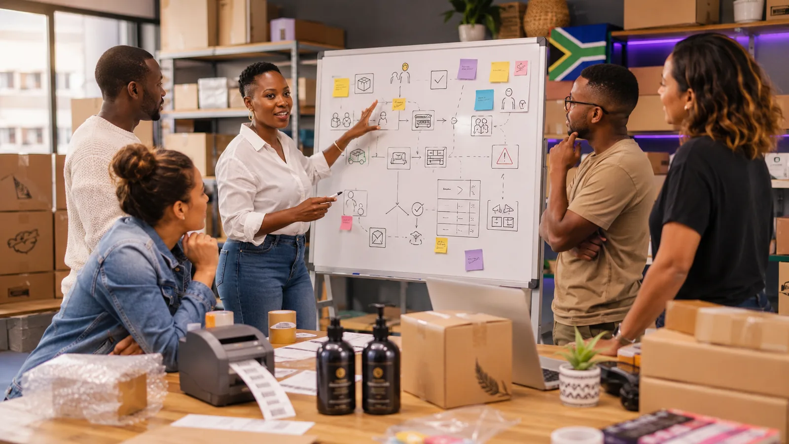South African small business team mapping quality checks and customer experience risks in a packing workspace.