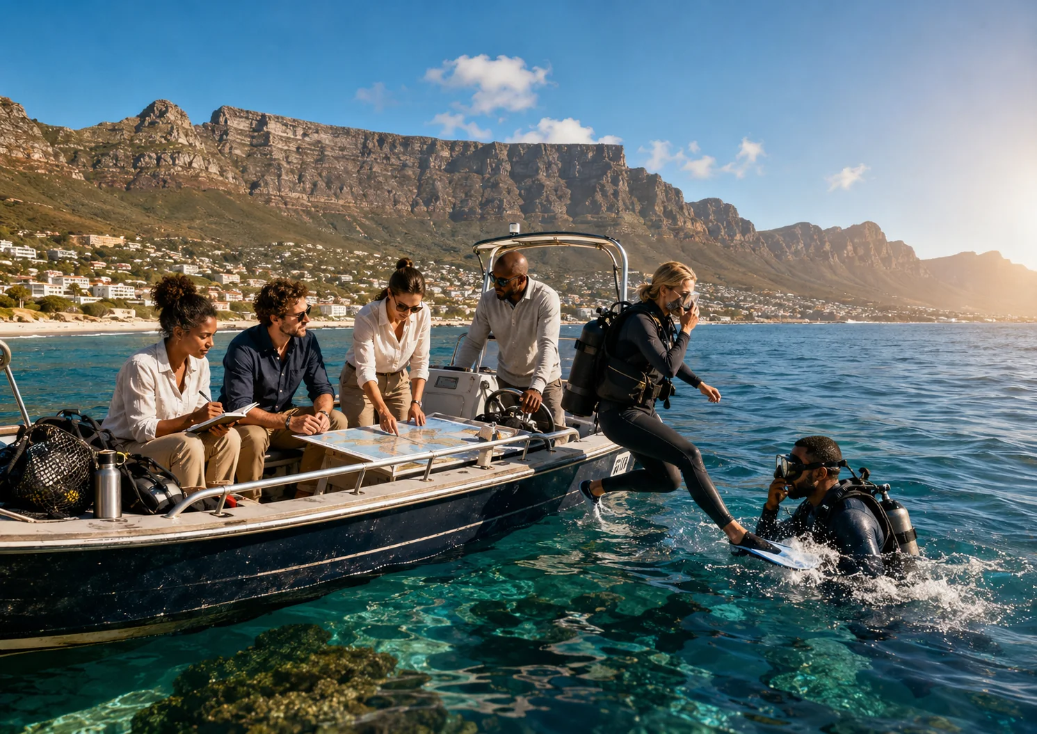 Team on a boat off Cape Town preparing for a deep dive, using a map and gear while divers enter the water beneath Table Mountain.