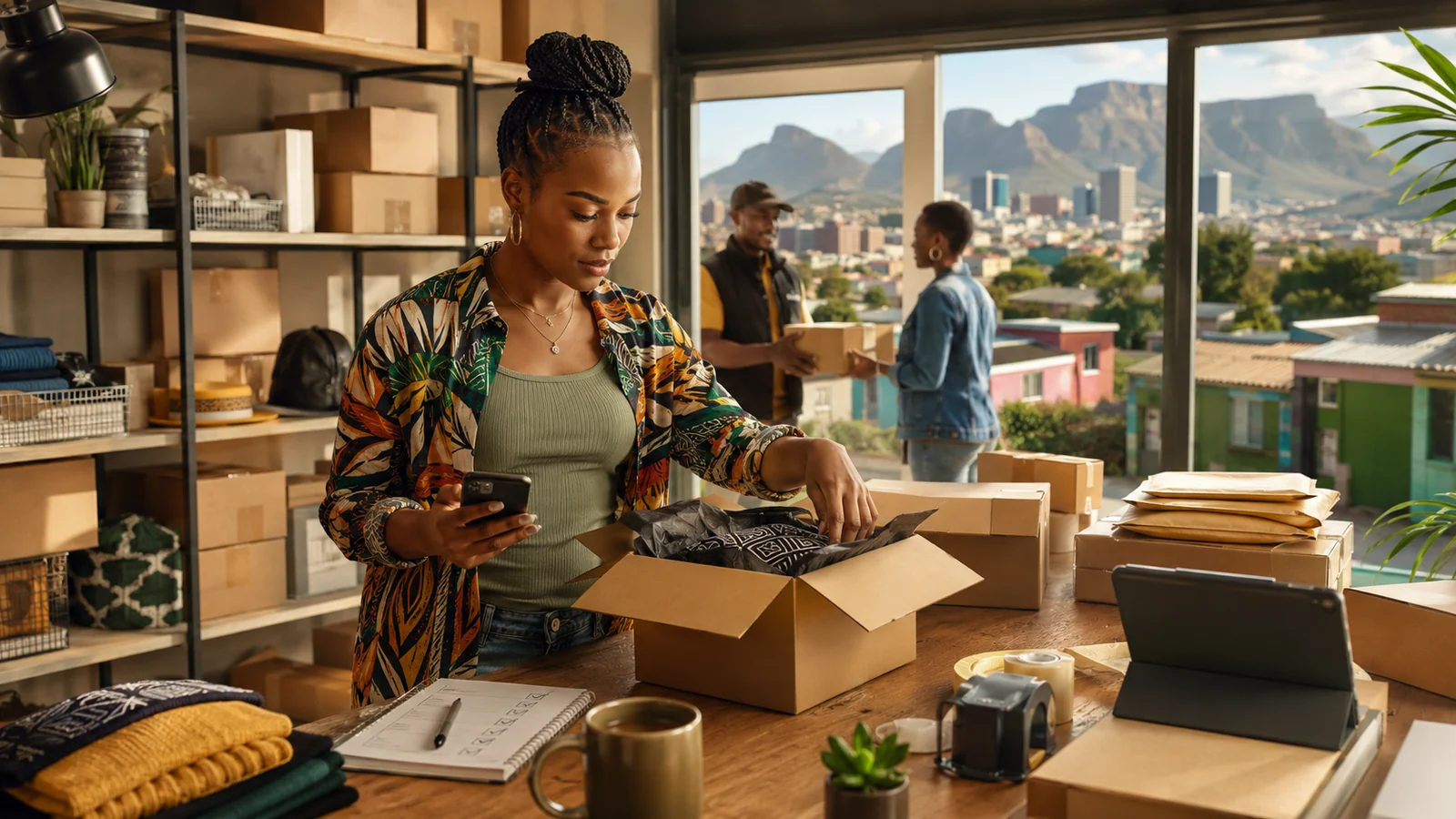 South African seller packing an order while local delivery and marketplace operations happen in the background.