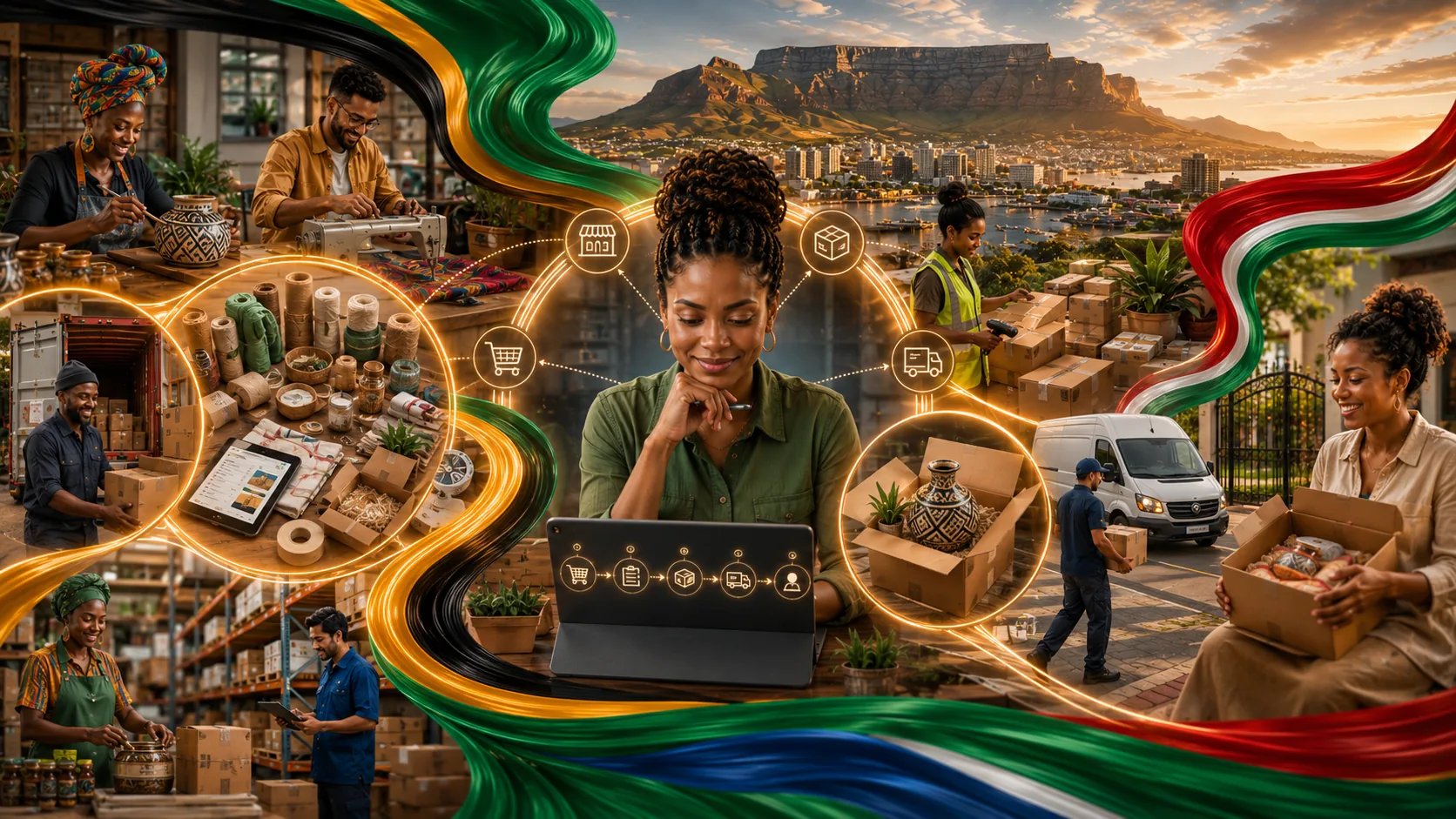 South African makers, fulfilment teams and delivery routes mapped across a customer journey with Table Mountain in the background.