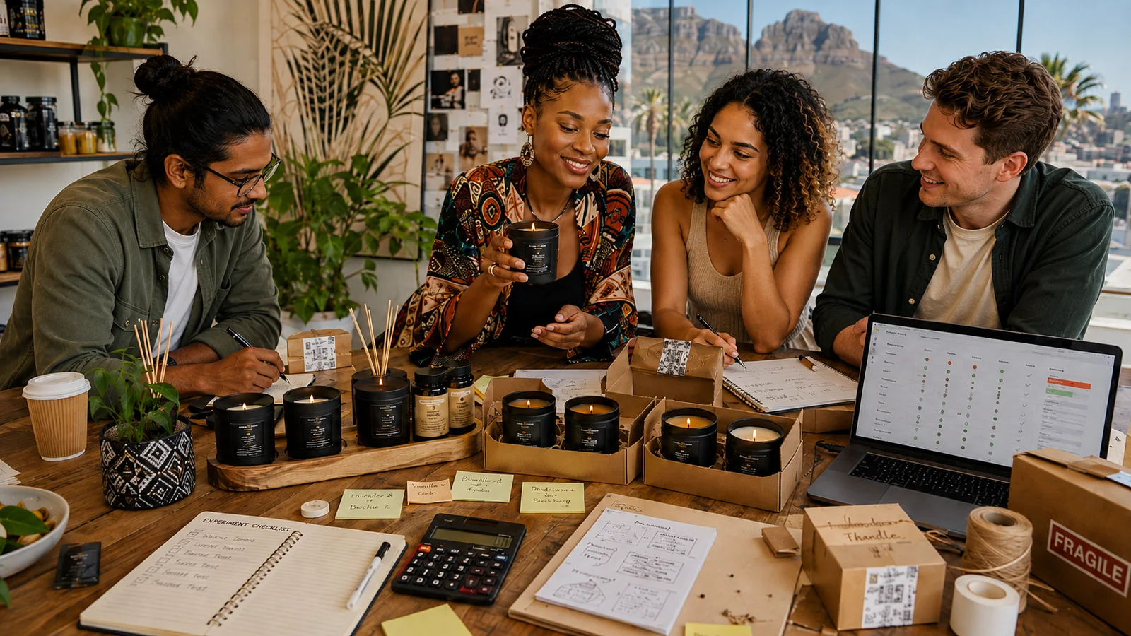 South African small business team reviewing product experiments, packaging, pricing and customer feedback around a worktable.