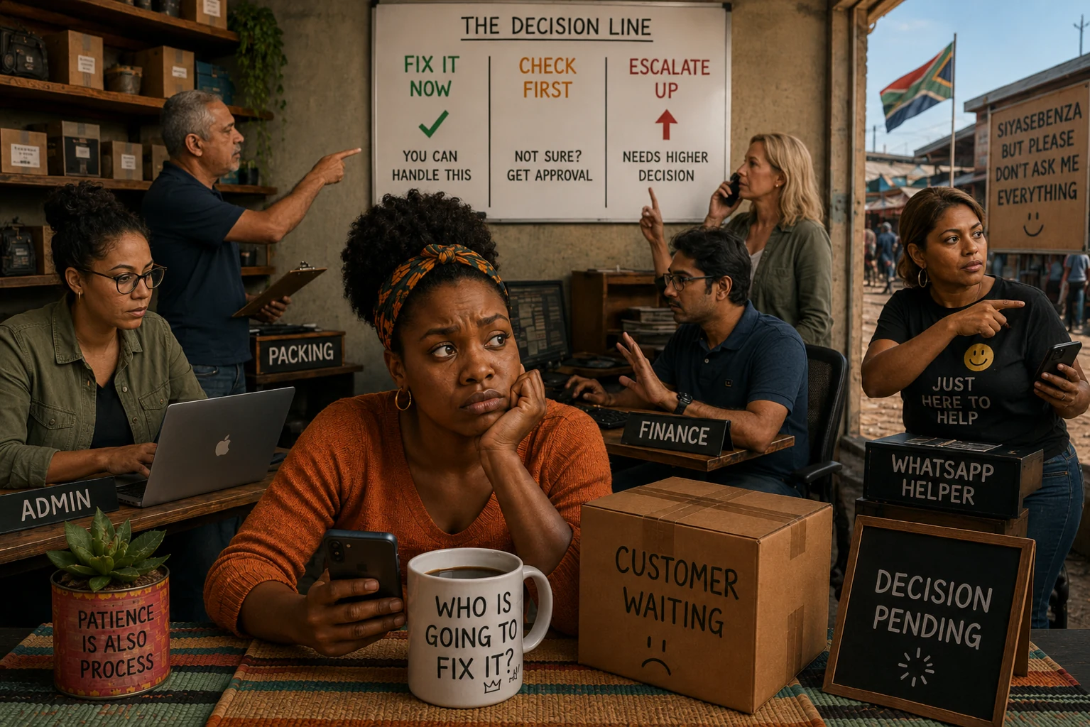 South African small business team gathered around a customer issue, deciding who has authority to approve the fix.