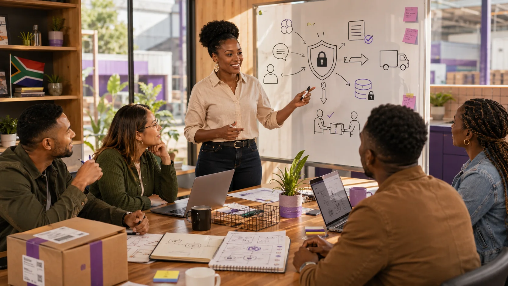 South African small business team reviewing customer data handling, access and privacy safeguards around a whiteboard.