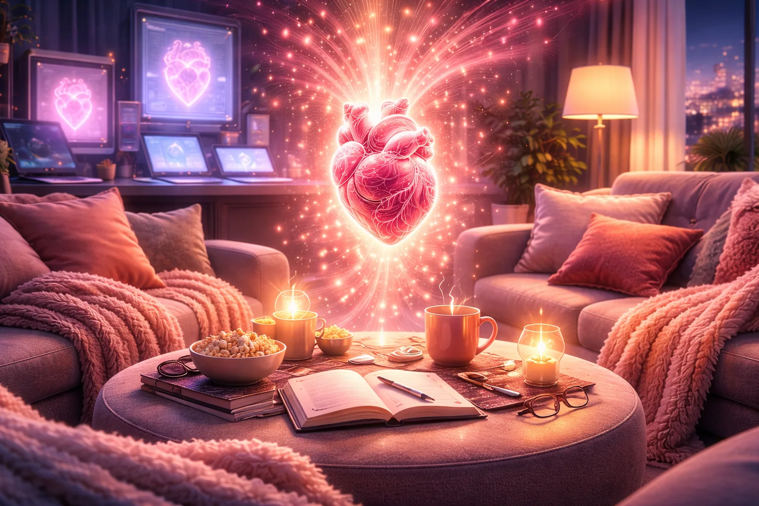 A glowing anatomical heart suspended in a warm, futuristic lounge, suggesting comfort, vulnerability, and organisational diagnosis.