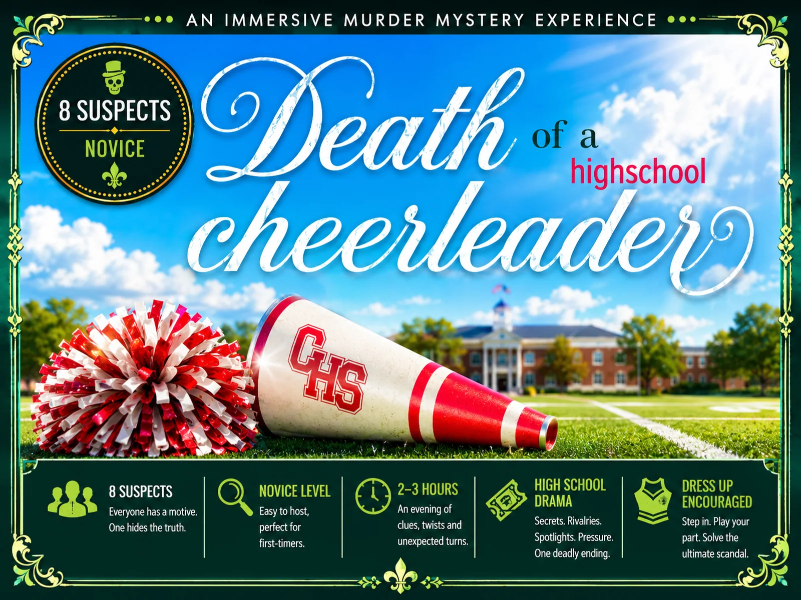 Promotional image for Death of a High School Cheerleader murder mystery game