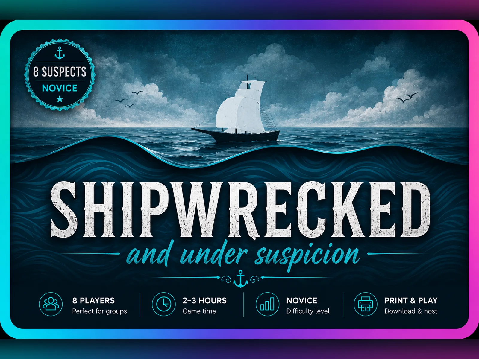 Promotional image for Shipwrecked and Under Suspicion murder mystery game